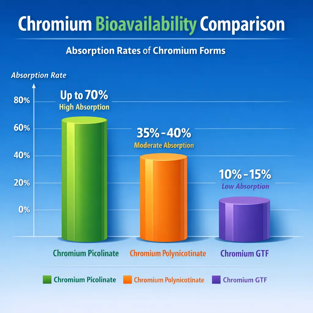 Chromium bioavailability comparison chart showing absorption rates for picolinate polynicotinate and GTF forms