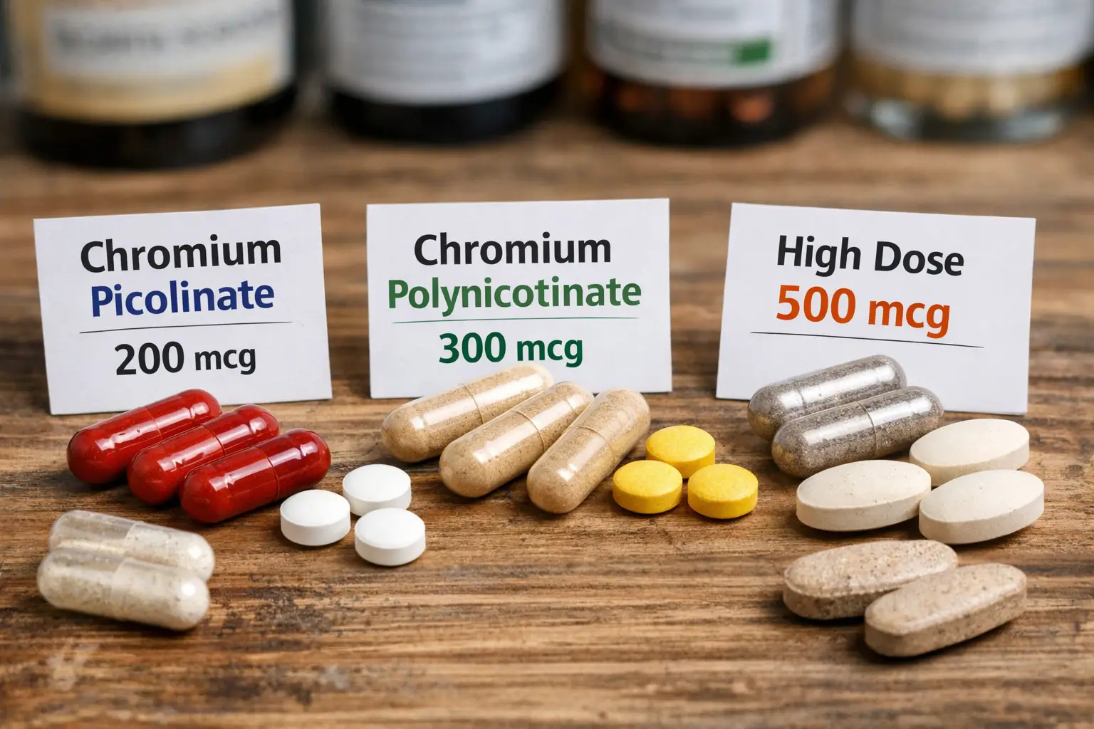 Chromium supplement capsules and tablets arranged for comparison showing different forms and dosages