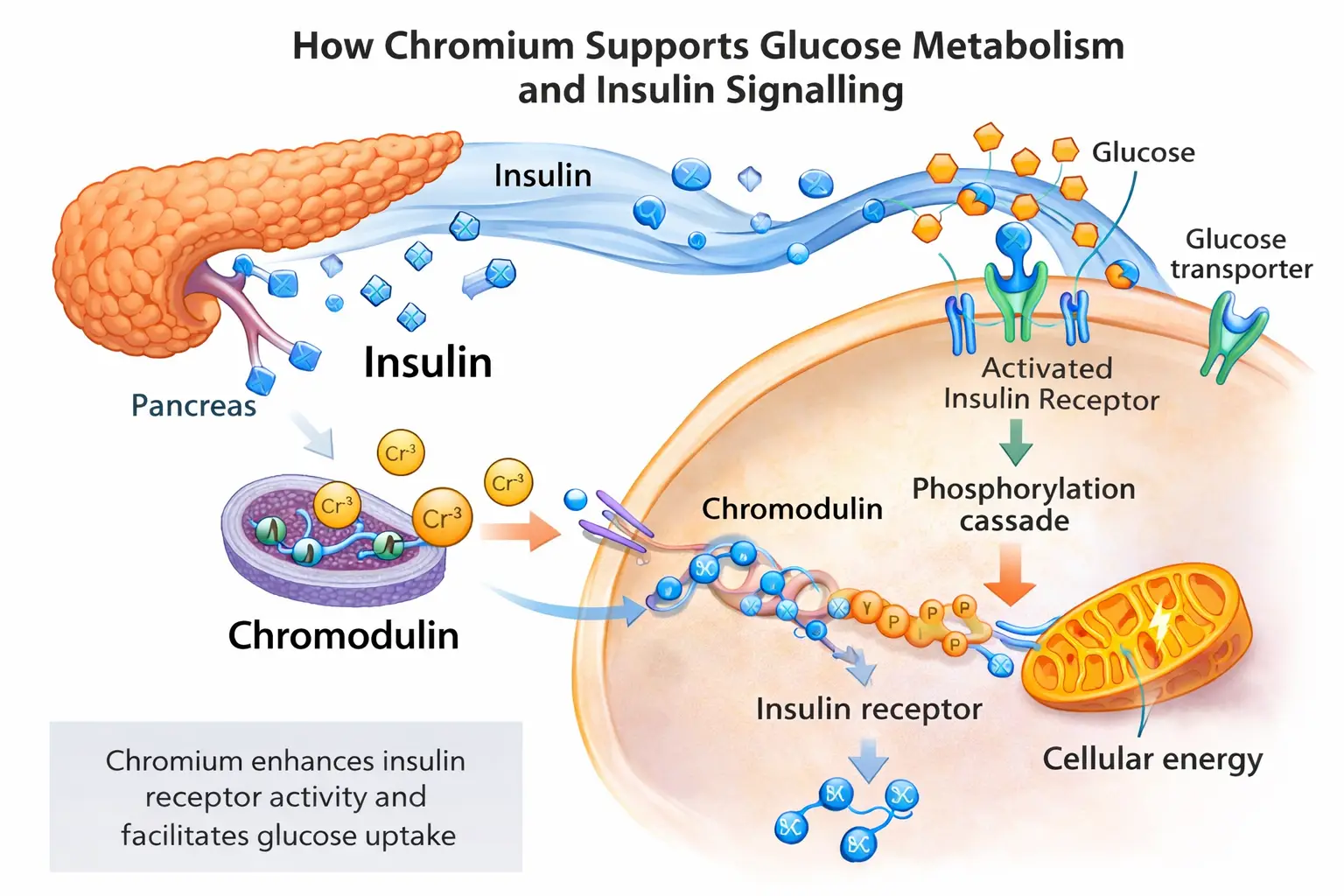 Chromium supplement mechanism of action showing how chromium supports glucose metabolism and insulin signalling
