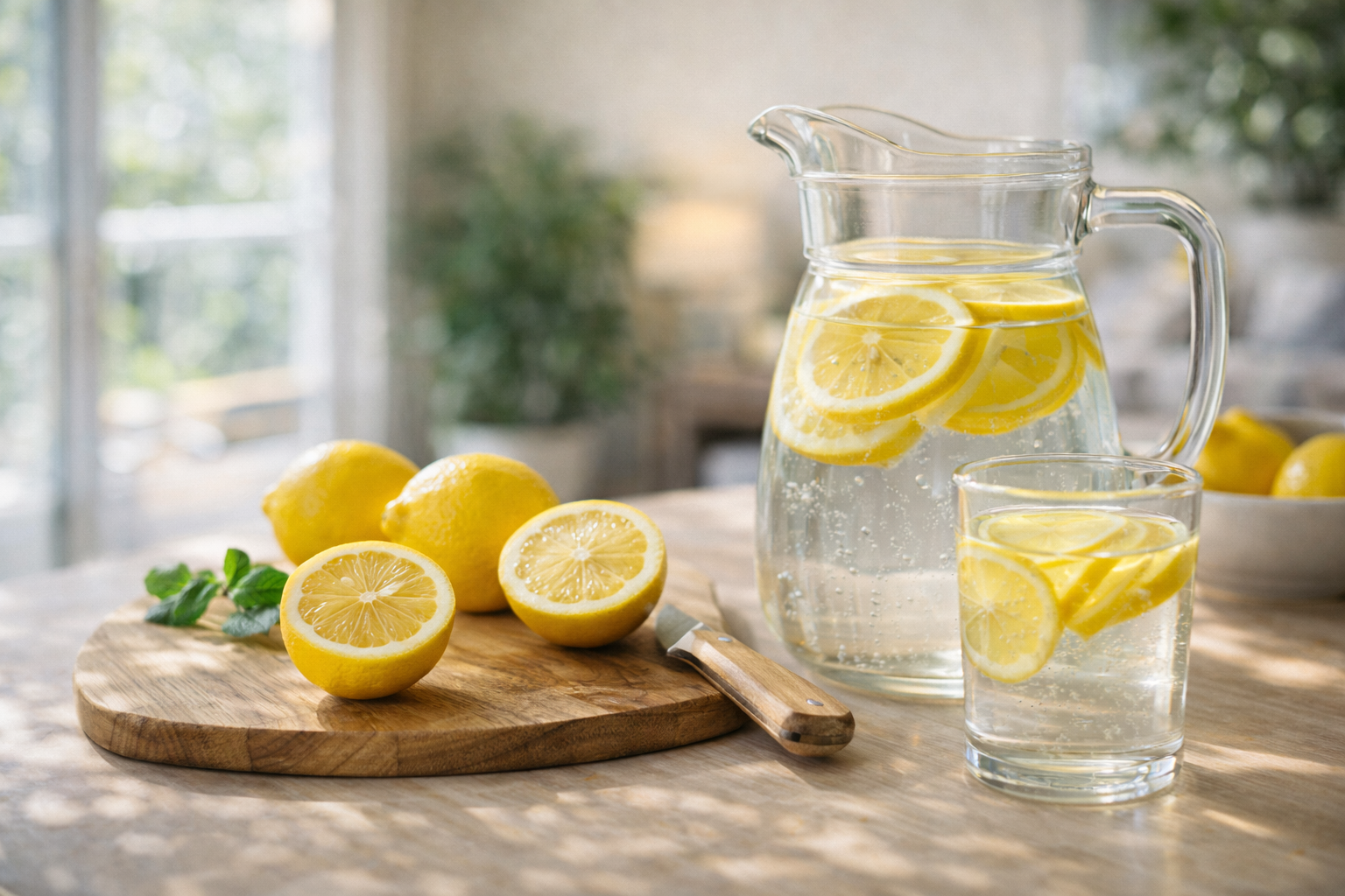 Fresh lemons and water pitcher for daily morning lemon water routine