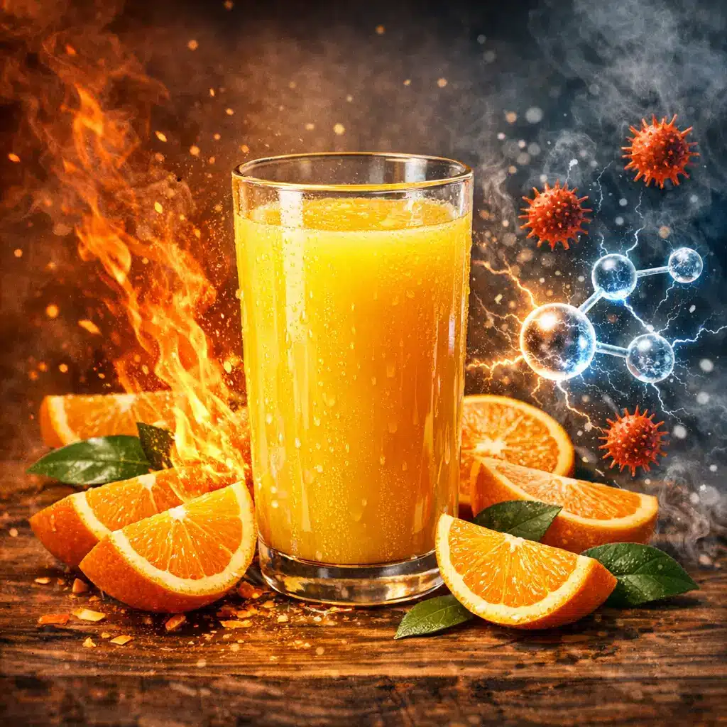 Glass of fresh orange juice surrounded by orange slices — orange juice inflammation and oxidative stress