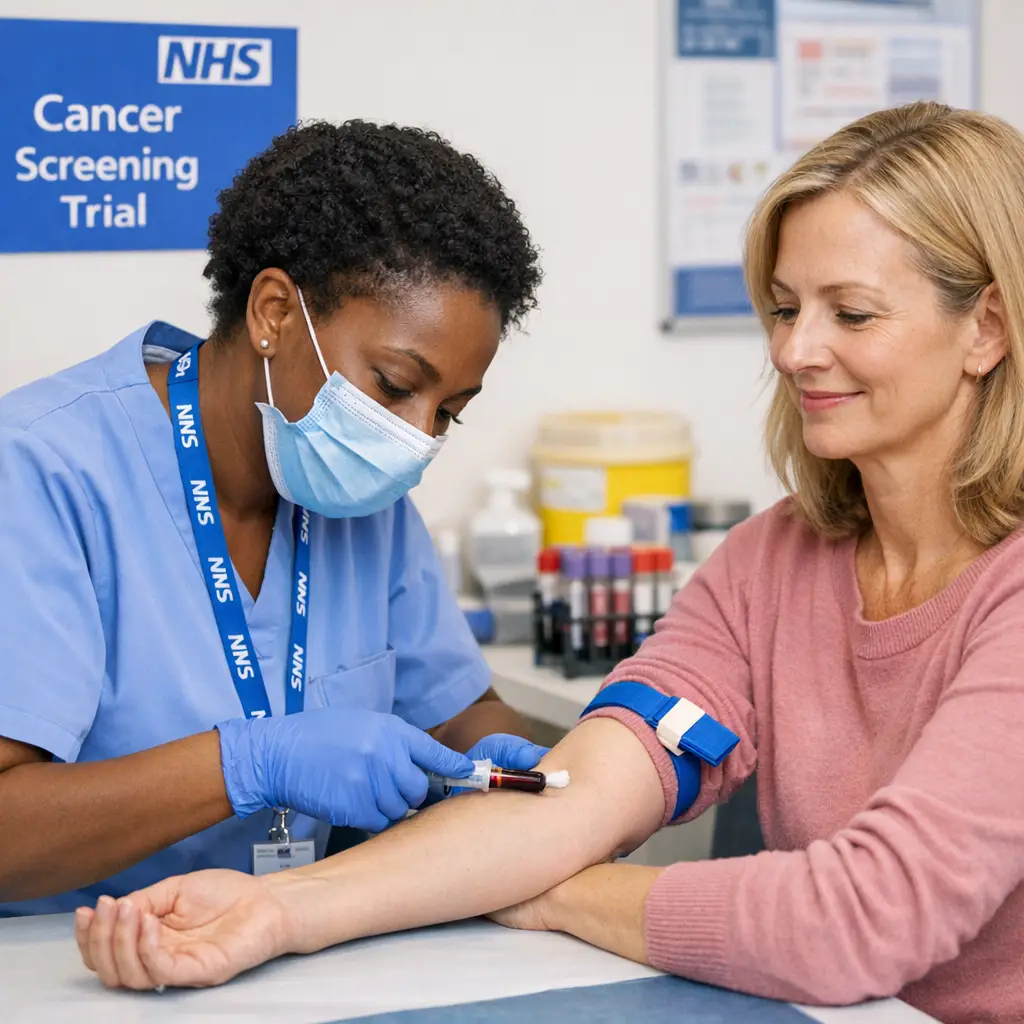 Healthcare professional taking blood sample for NHS cancer screening trial