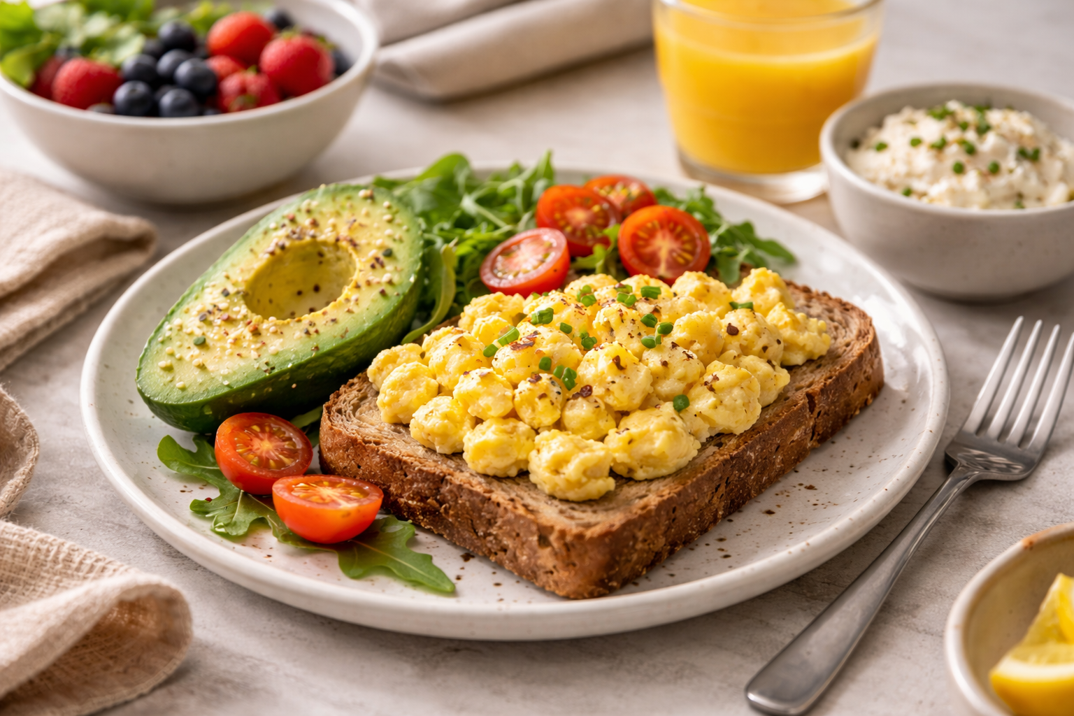 High-protein breakfast with scrambled eggs, avocado, and wholegrain toast