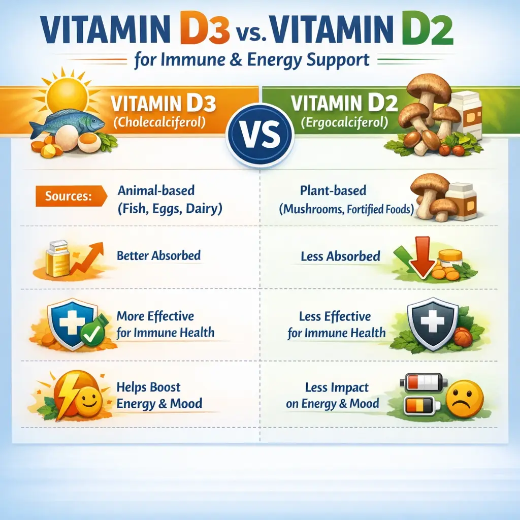 Infographic comparing vitamin D3 and D2 forms for immune and energy support