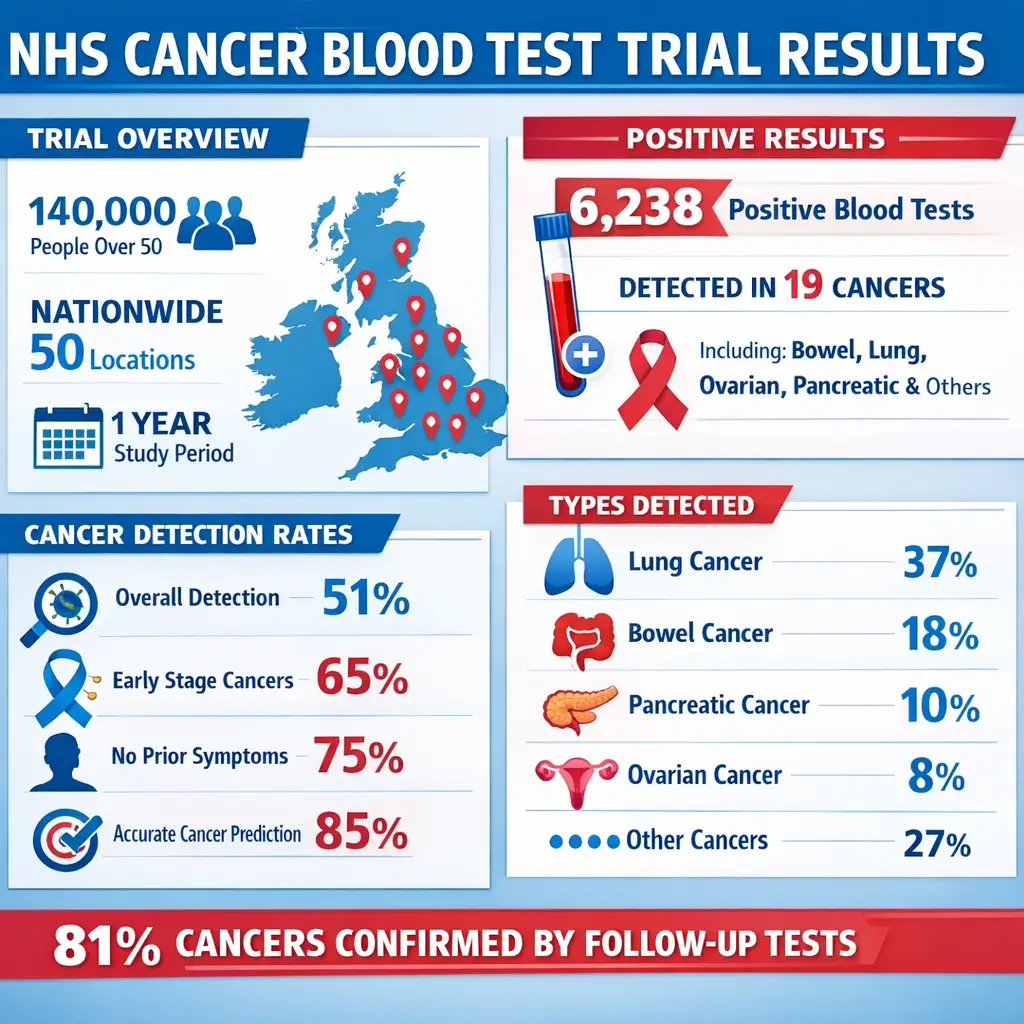 Infographic showing NHS cancer blood test trial statistics and detection rates