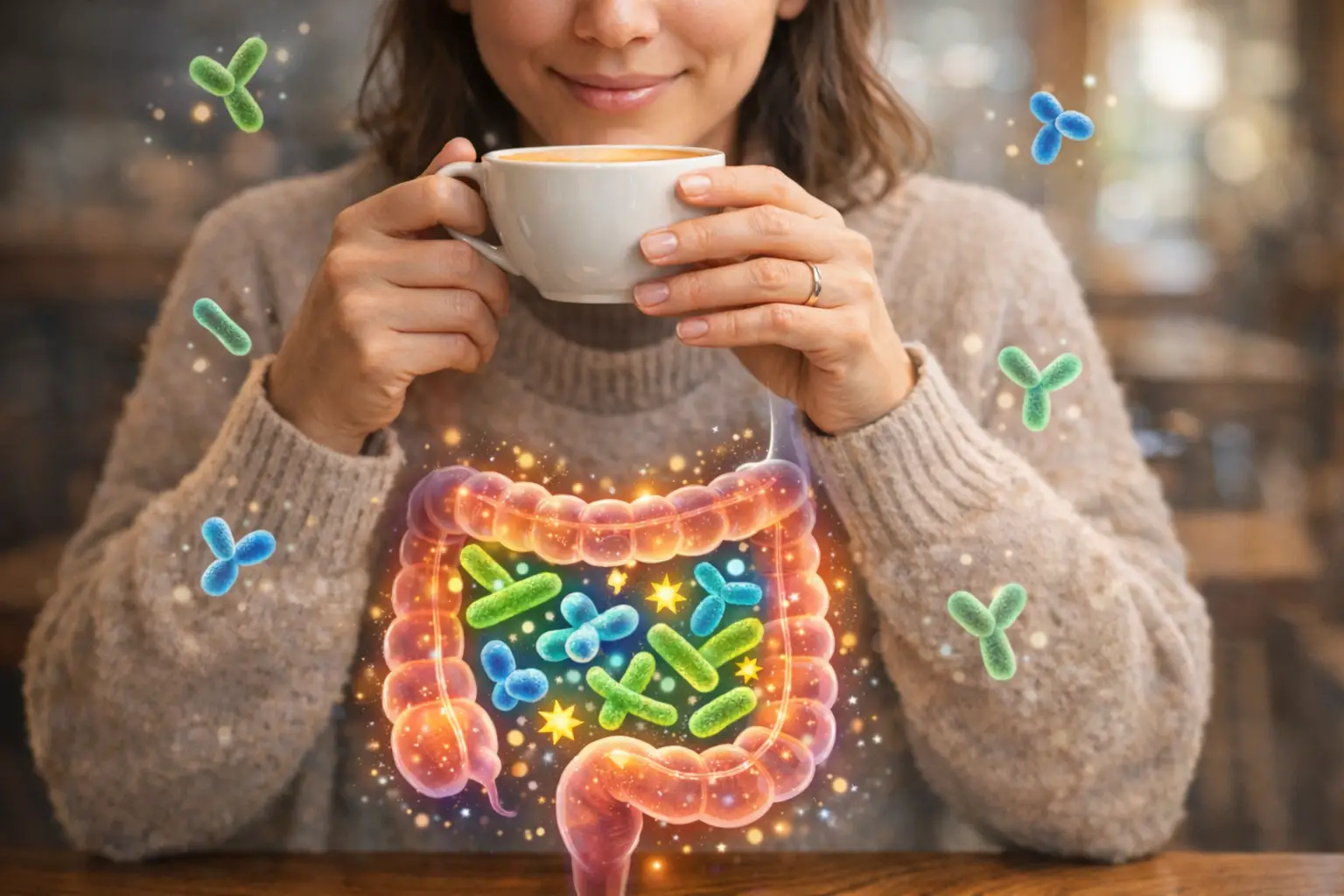 Person drinking coffee with gut health microbiome illustration overlay showing beneficial bacteria