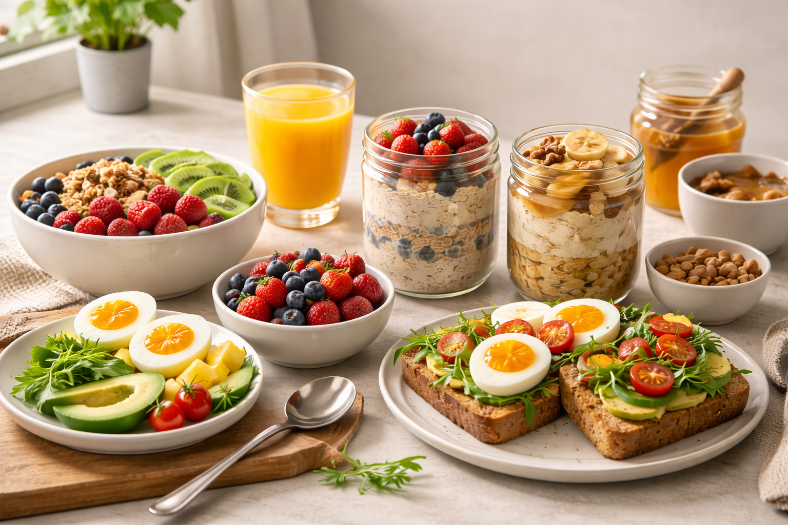 Selection of healthy breakfast ideas including overnight oats, eggs, and fresh fruit