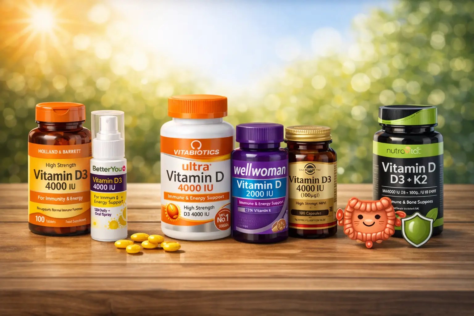Selection of vitamin D supplement bottles for energy and immunity support in UK