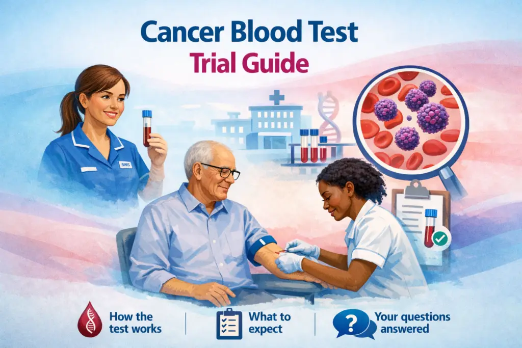 NHS cancer blood test trial information showing early detection screening for multiple cancers