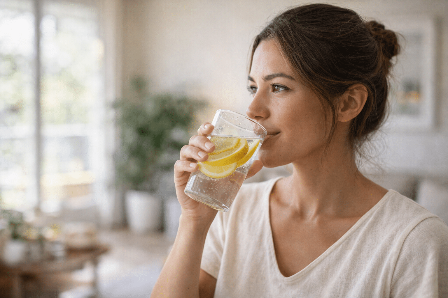 Woman drinking lemon water for improved daily hydration